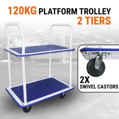 Platform Trolley 2 Tiers Handtruck Pushcart Steel Frame Load 120kg Service Cart - image 1 of 4