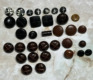 Vtg Assorted Lot 34 Piece Real & Faux Leather Shank Button Brown Black Cow Print - Picture 1 of 24