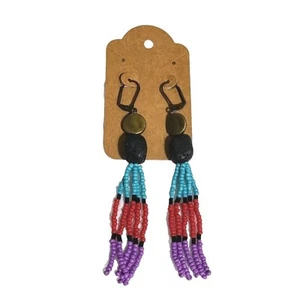 Handmade Western Beaded Dangle Earrings Boho Peasant Seed Bead Fringe Tassel - Picture 1 of 1