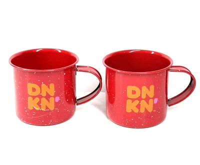 Lot 2 DNKN’ Dunkin Donuts Christmas Metal Enamelware Camping Mug 14 Oz Red Cups - Image 1 of 4