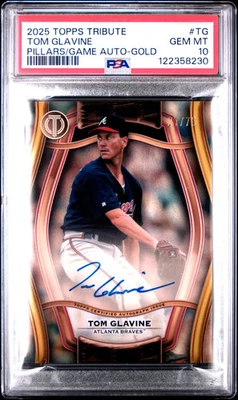 2025 Topps Tribute Pillars Of The Game Autographs Tom Glavine Gold 21/75 PSA 10 - Image 1 of 2