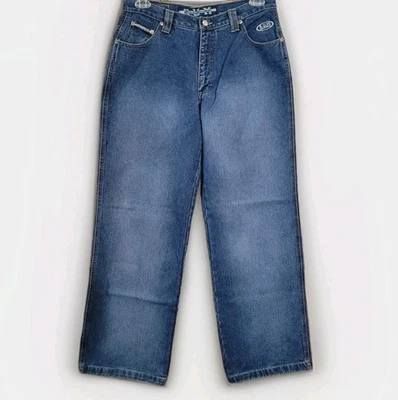 Pantalones de mezclilla vintage años 90 BUM Equipment tiro alto pierna ancha 11/12x32 EXCELENTE 100 % algodón Foto 1 de 4