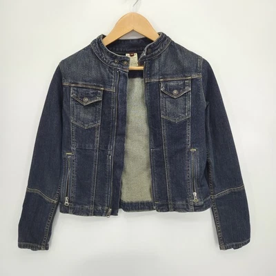 Jaqueta jeans 7 For All Mankind feminina Y2K moto zíper completo vintage lavagem escura pequena - Imagem 1 de 3