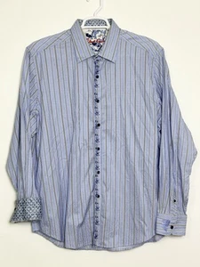 Robert Graham Flip Cuff Striped Blue Shirt Button Down Mens 2XL Embroidered L/S - Picture 1 of 9