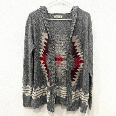 Hollister Grey Tribal Aztec Y2K Hooded Cardigan Sweater Southwest Cowboy Size M - Image 1 of 4