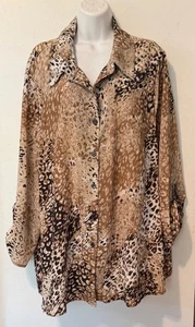White Stag Brown Animal Print Women's Roll Tab Sleeve Blouse Size 4X (26W/28W) - Picture 1 of 4