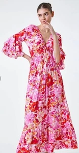 🌺 ROMAN ORIGINALS CURRENT SEASON Floaty Fluted Sleeve Shirred Maxi Dress 🌺 - Picture 1 of 10