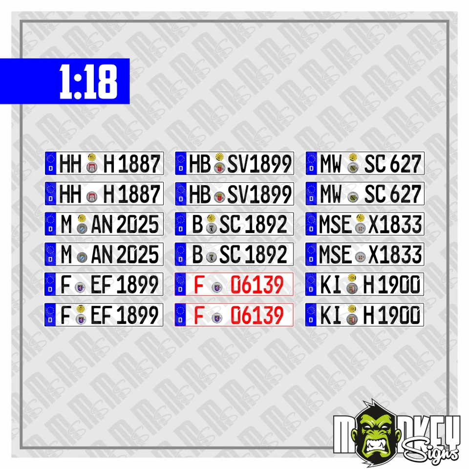 Nummernschilder 1:18 Modellbau Aufkleber – 9 Paar Kennzeichen Set - 18 Schilder - Bild 1 von 3