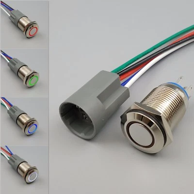 16mm Metal Waterproof 5Pin Latching 12V LED SPDT Flat Push Button Switch - Image 1 of 4