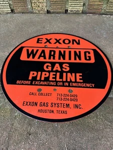 Unused Sign 12" Round EXXON Warning Gas Pipeline GAS SYSTEM, INC Houston, TEXAS - Picture 1 of 4