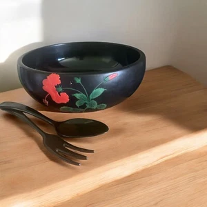 Vintage NTS Black Lacquer Ware Hand Painted Wood Japanese 7 Piece Bowl Set - Picture 1 of 4