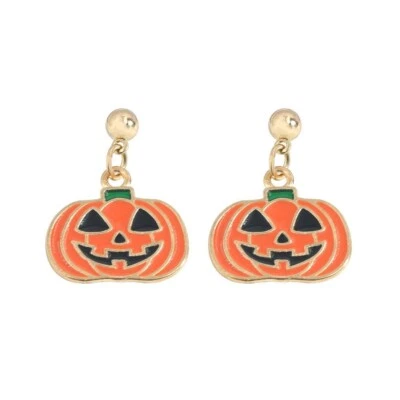Pendientes colgantes de oro Jack O'Lantern esmalte poste calabaza Halloween Foto 1 de 4