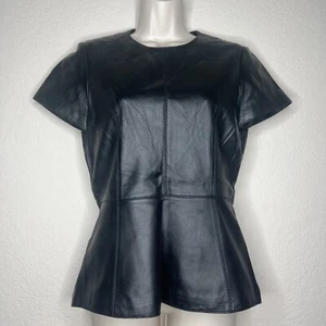 Neiman Marcus Leather Peplum Top Shirt Womens Medium Black Crew Neck Rear Zipper - Picture 1 of 9