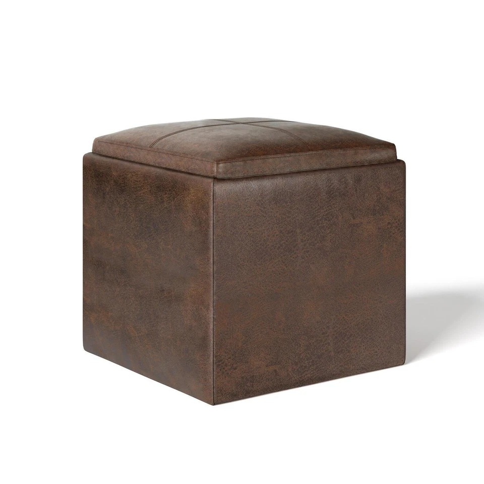 Rockwood 18 inch Wide Contemporary Square Cube Storage Ottoman with Tray in Dist - Image 1 of 4