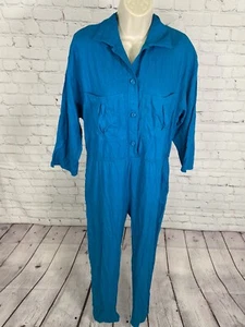 VTG Naturelle George Georgiou Teal Raw Silk Jumpsuit Chest Pockets One Piece S - Picture 1 of 15