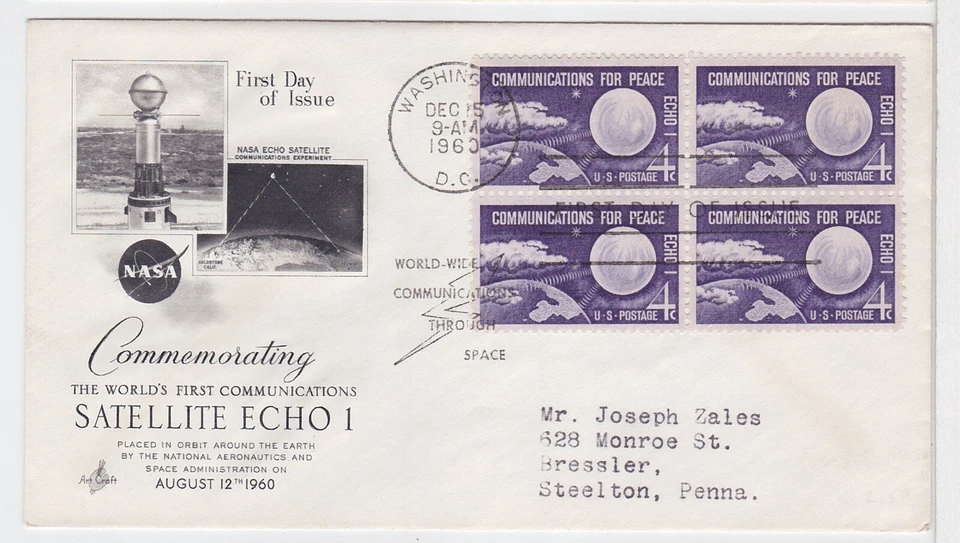 TurtlesTradingPost- Satellite Echo I 1960 #1173 Artcraft Cachet Block of 4 - Image 1 of 1