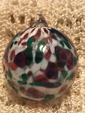 Kitras Art Glass 2.25” white,red,green Calico Ball 1988
