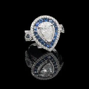 2.77CT D VS2 Natural Sapphire and Diamond Pear Engagement Ring 18K White Gold - Picture 1 of 3