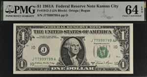 1981A $1 Federal Reserve Note PMG 64EPQ- Fancy Serial Number 77999799 - Picture 1 of 3