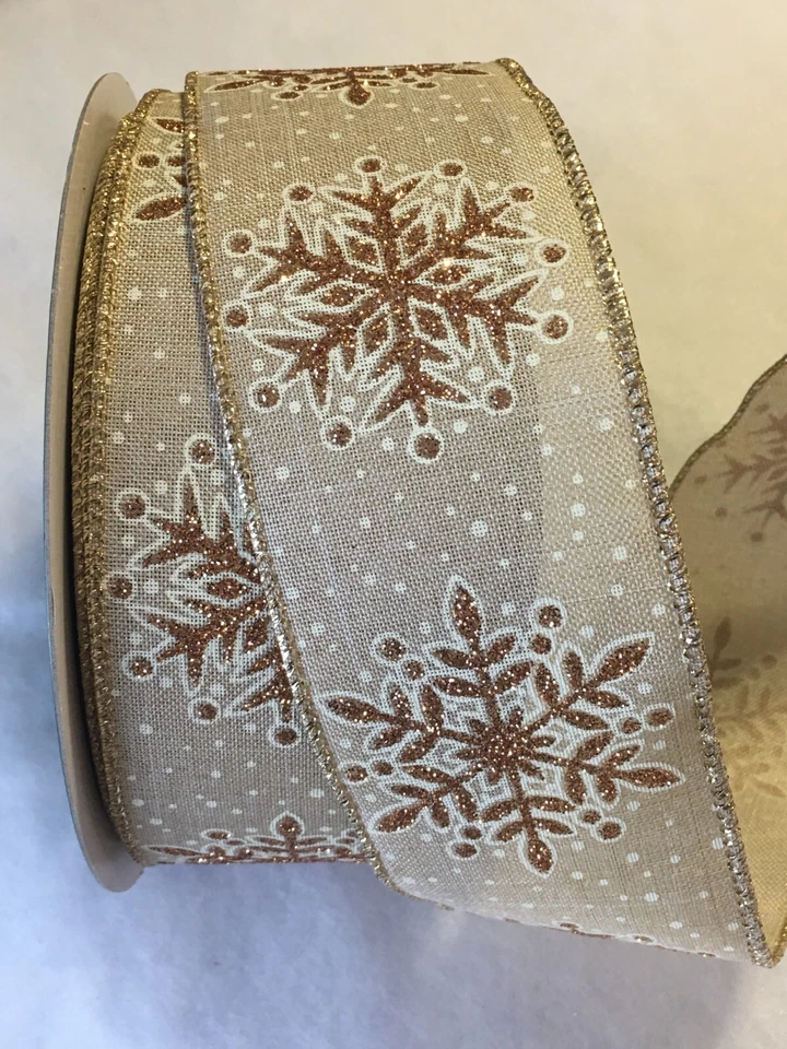 5 yardas. CINTA BORDE ALAMBRE COPOS DE NIEVE BRILLO ORO ROSA 2 1/2" ancho Foto 1 de 1