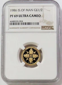 1986 GOLD ISLE OF MAN ONLY 12 MINTED 1/2 POUND COIN NGC PROOF 69 ULTRA CAMEO - Picture 1 of 3
