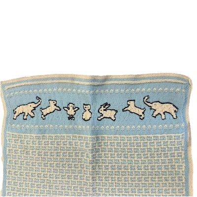 Vtg Baby Blanket Blue Cream Crocheted Bunny Elephant Animal Afghan Nursery Decor - Image 1 of 4