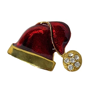Vintage Santa Hat Brooch Enamel Rhinestone Pin Christmas Red Gold Tone Costume - Picture 1 of 17
