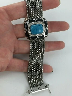 Amazing Multi Row Chain Imitation Turquoise, Enamel & Crystal "Believe" Bracelet - Image 1 of 4