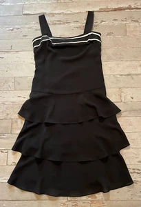 Ann Taylor LOFT Dress Fit & Flare Ruffle Black White-Stripes Straps SZ 0 Lined - Picture 1 of 11