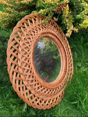 round wicker rattan wall boho mirror wall hanging handmade bathroom mirror - Image 1 of 4