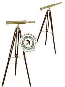 Nautical Brass & Brown Finish Floor Standing Telescope W/ Wooden Tripod Stand - Picture 1 of 6