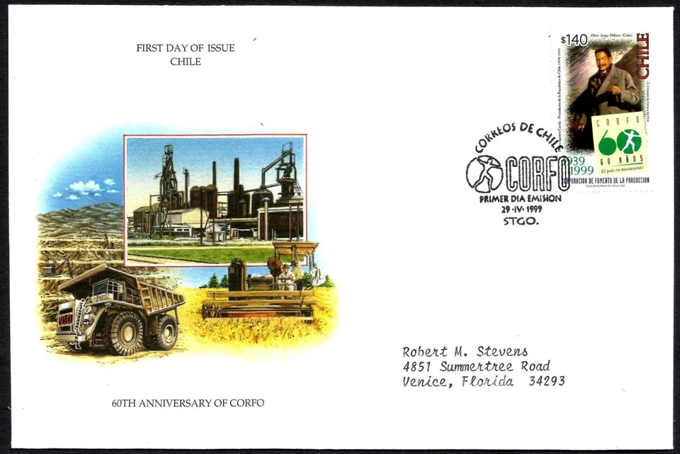 CHILE, FDCs FROM AROUND THE WORLD, 60th. ANNIV. OF CORFO, YEAR 1999, PRISTINE - Image 1 of 1