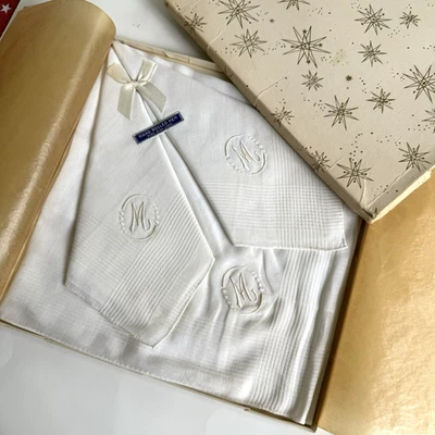 Vtg Hand Rolled White Irish Linen Men's Handkerchief Set of 3 "M" or "W" w/ Box - Image 1 of 4