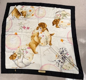 RARE! Authentic SALVATORE FERRAGAMO Puppy Design 100% Silk Scarf - Picture 1 of 5