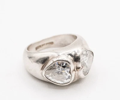 Vintage ESPO Joseph Esposito 925 Sterling Silver Double Heart CZ Ring - Size 5.5 - Image 1 of 4
