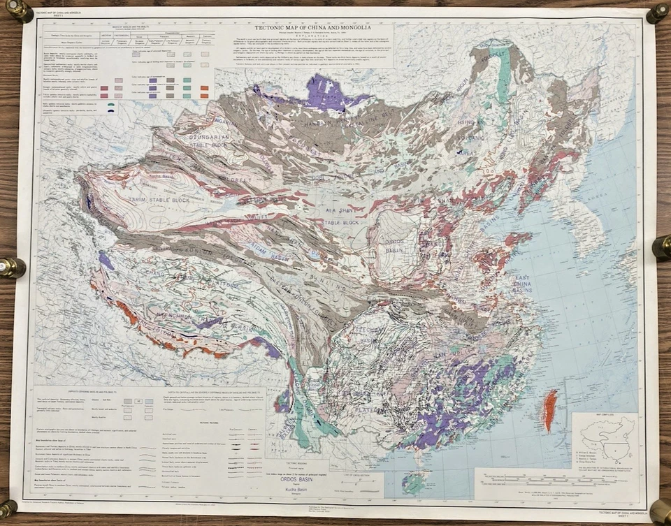 Vintage ARPA DOD Geology GSA Tectonic Map of China and Mongolia 1973 33.5" x 42" - Image 1 of 4
