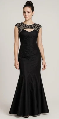 R & M Richard’s Black Iridescent Taffeta Lace Sequin Illusion Mermaid Gown Sz-12 - Image 1 of 4