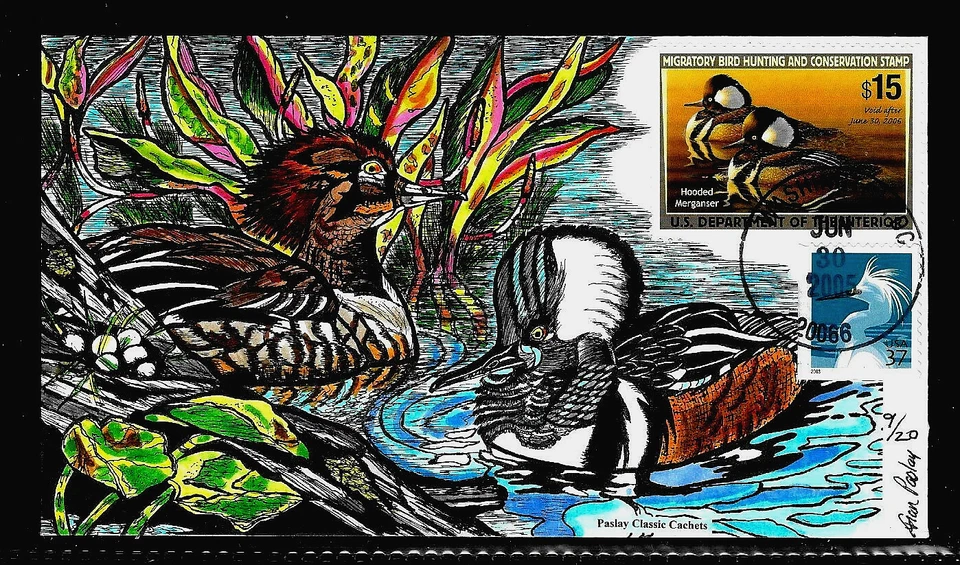 RW72 $15 Stamp (2005) THE GREAT HOODED MERGANSER FDC HD/HP BY FRAN B. PASLAY - Image 1 of 1