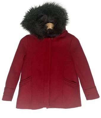 Zara Girls Soft Collection Wool Blend Red Wine Pea Coat Faux Fur Hood Sz 9/10 - Image 1 of 4