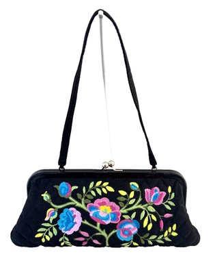 BOLSO CLUTCH VERA BRADLEY VERONIQUE NEGRO BORDADO FLORAL CIERRE KISSLOCK Foto 1 de 4
