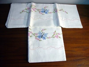 2 Cross Stitch & Crochet Pillowcases Pink Flowers Blue  Butterfly Vintage - Picture 1 of 3