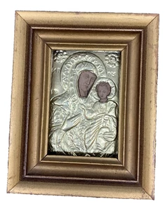 5" x 4" antike gerahmte Jungfrau & Kind Ikone mit vergoldetem Messing Oklad (Riza) - Bild 1 von 6