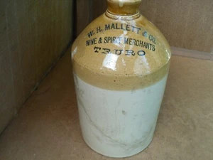 DAMAGE W H MALLETS WINE SPIRIT MERCHANT TRURO CORNWALL STONEWARE FLAGON BOTTLE - Picture 1 of 12