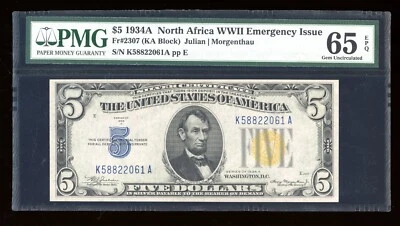 DBR 1934-A $5 North Africa Gem Fr. 2307 KA Block PMG 65 EPQ Serial K58822061A - Image 1 of 2