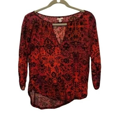 Ecote Womens Sz XS Red Black Geometric 3/4 Sleeve Blouse - Image 1 of 4