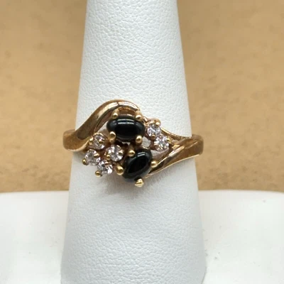 SETA Ring Onyx Ring Gold Tone Cluster Glass Stones Domed Bypass Signed Size 8.5 - Image 1 of 4