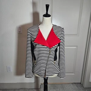 Tahari Moto Blazer Jacket Women Sz 8 Asymmetrical Design Red White Black Striped - Picture 1 of 17