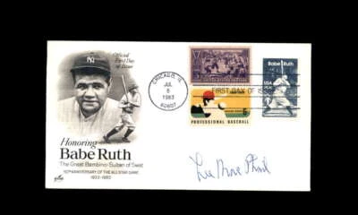 Lee MacPhail JSA Signed FDC 1983 First Day Cover Cache Babe Ruth Autograph - Image 1 of 3