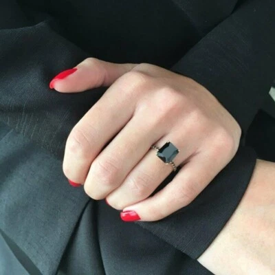 2.20 Ct Emerald Cut Black Lab Created Solitaire Wedding Ring Yellow Gold Finish - Image 1 of 4