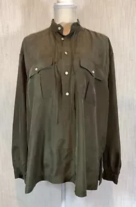 RALPH LAUREN POLO Silk BLOUSE LG GREEN Long Sleeve Half Button Tie BLUE LABEL - Picture 1 of 12